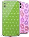 2 Decal style Skin Wraps set for Apple iPhone X and XS Hearts Green On White